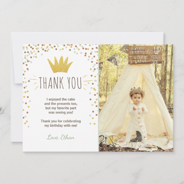 Thank you card Wild things Birthday Gold Boy Crown (Front)