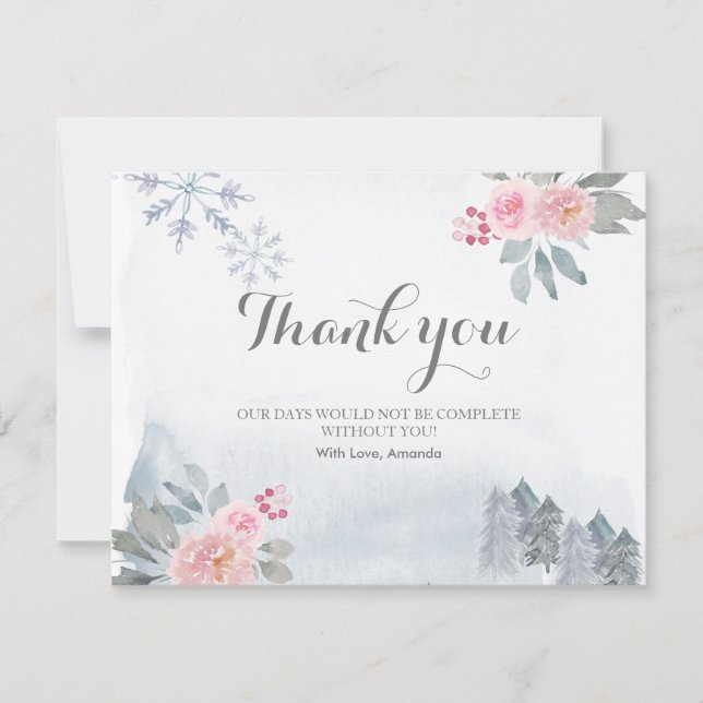 Thank you Card Winter Pink Floral Pine Trees Gold (Front)