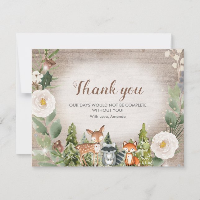 Thank you Card Winter Woodland Animal White Floral (Front)