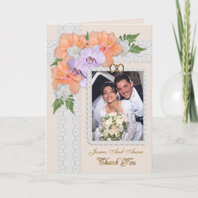 Thank you card with wedding photo floral elegance (Front)