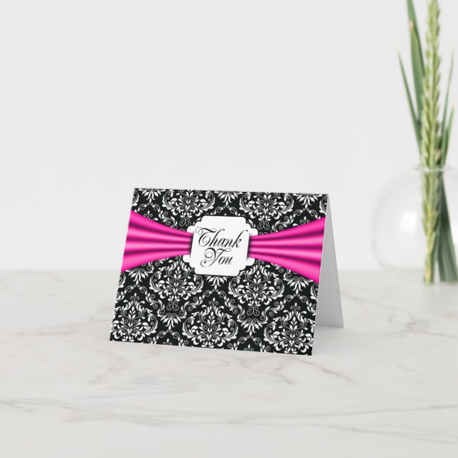 Thank You Cards Black White Hot Pink Ribbon Damask (Front)