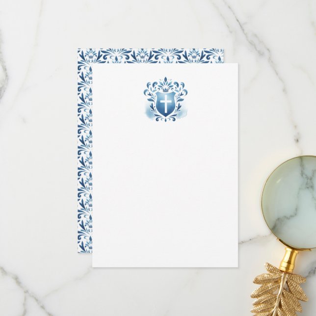 Thank You Cards Dusty Blue Crest & Cross (Front/Back In Situ)