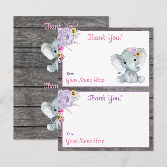 Thank You Cards Elephant Pink Yellow Purple (Front/Back)