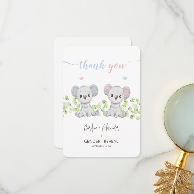 Thank You Cards for Koala Gender Reveal Party.  (Front/Back In Situ)