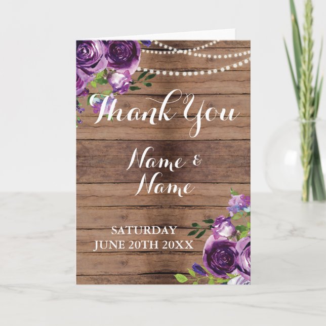 Thank You Cards Purple Wood Flowers Lights Wedding (Front)