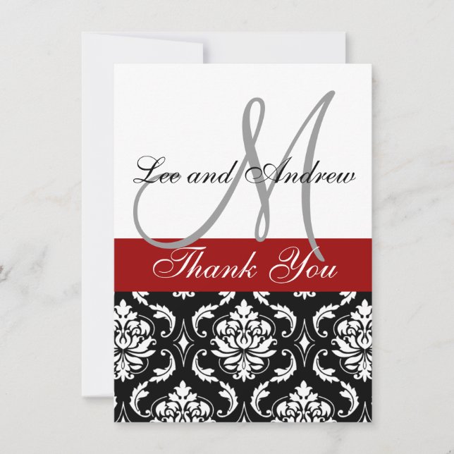 Thank You Cards with Monogram Names Red Damask (Front)