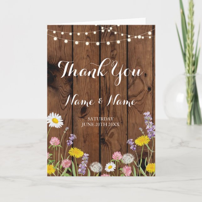 Thank You Cards Wood Bridal Wild Flowers Wedding (Front)