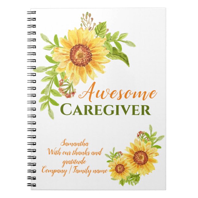 Thank You Caregiver Floral Sunflower Appreciation Notebook (Front)