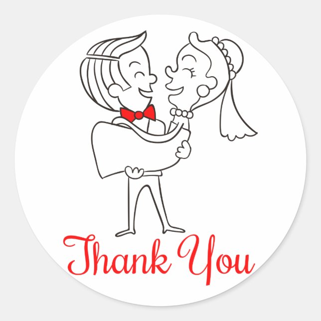 Thank You Cartoon Bride And Groom Wedding Stickers (Front)