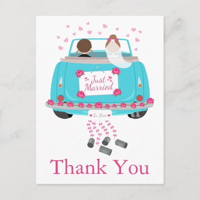 Thank You Cartoon Bride Groom Blue Pink Wedding Postcard (Front)