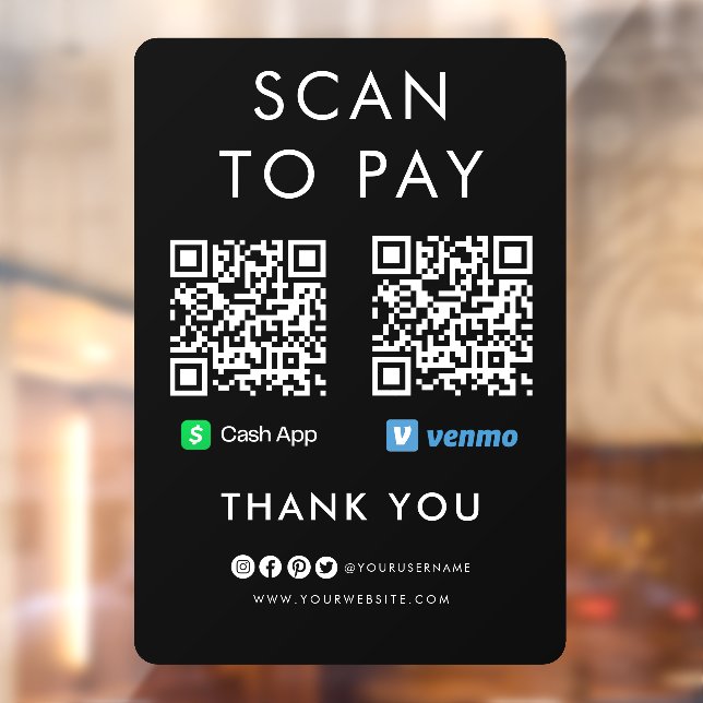 Thank you Cash App Venmo Scan to Pay QR Code Black Window Cling (Sheet 2)