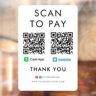 Thank you Cash App Venmo Scan to Pay QR Code White Window Cling