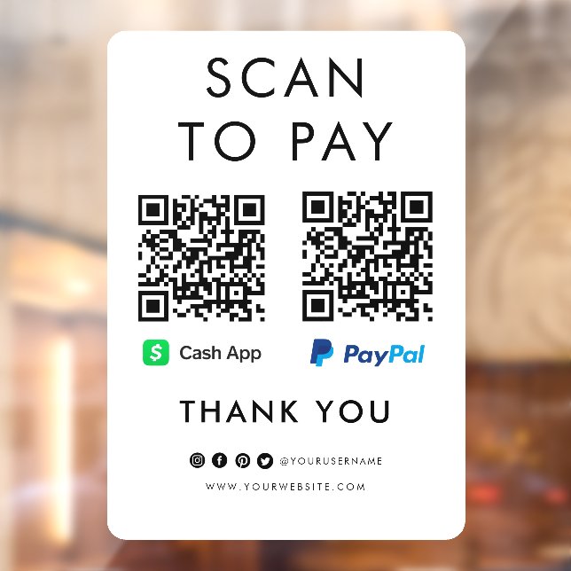 Thank you CashApp Paypal Scan to Pay QR Code White Window Cling (Sheet 2)