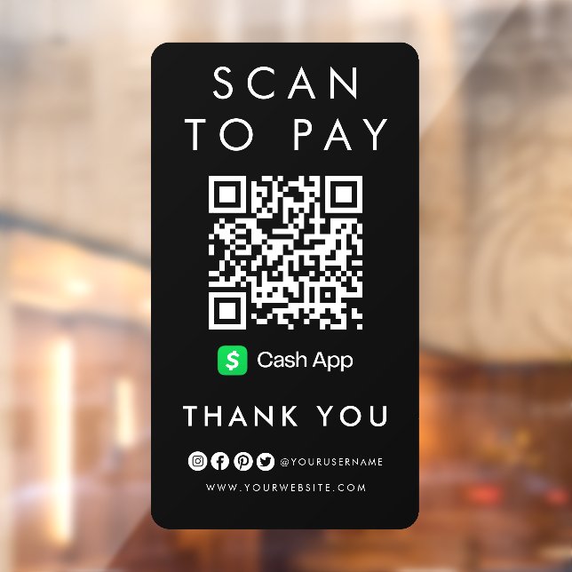Thank you CashApp Scan to Pay QR Code Modern Black Window Cling (Sheet 2)