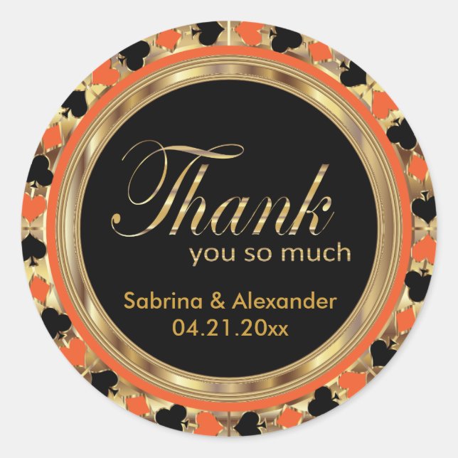 Thank You Casino Poker Chip in Orange & Gold Classic Round Sticker (Front)