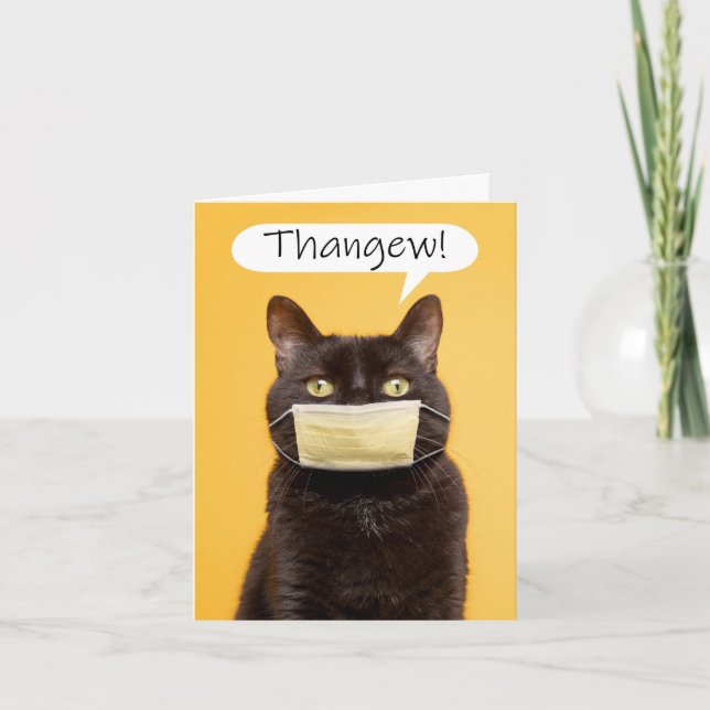 Thank You Cat Talking Through Face Mask Holiday Card (Front)
