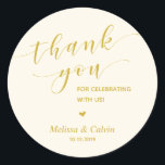 Thank you, celebrating with us, wedding rehearsal classic round sticker<br><div class="desc">Thank you for celebrating with us stickers. It is a perfect sticker to used in your wedding or other celebration,  e.g.,  Birthday party,  Anniversary celebration,  Baby shower,  wedding rehearsal,  gifts for guests,  favour stickers,  and others.
Minimalist modern Yellow Gold</div>