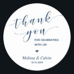 Thank you, celebrating with us, wedding rehearsal classic round sticker<br><div class="desc">Thank you for celebrating with us stickers. It is a perfect sticker to used in your wedding or other celebration,  e.g.,  Birthday party,  Anniversary celebration,  Baby shower,  wedding rehearsal,  gifts for guests,  favour stickers,  and others.
Navy Blue font.</div>