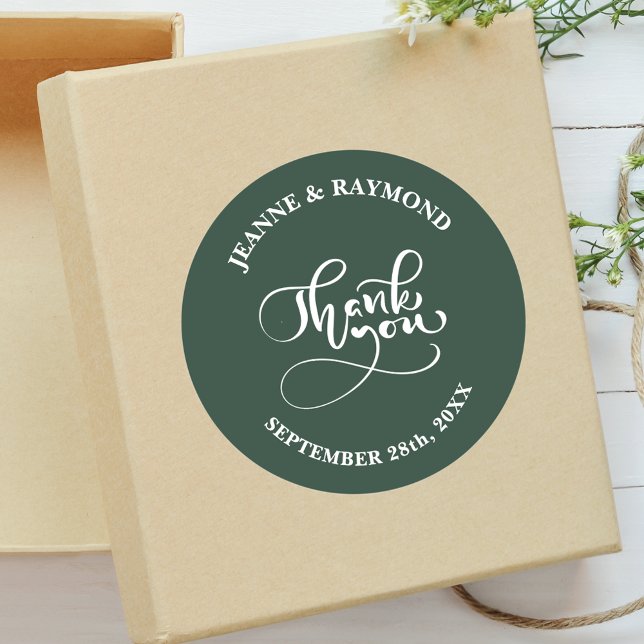 Thank You Chic Calligraphy Sage Green Wedding Classic Round Sticker (Creator Uploaded)