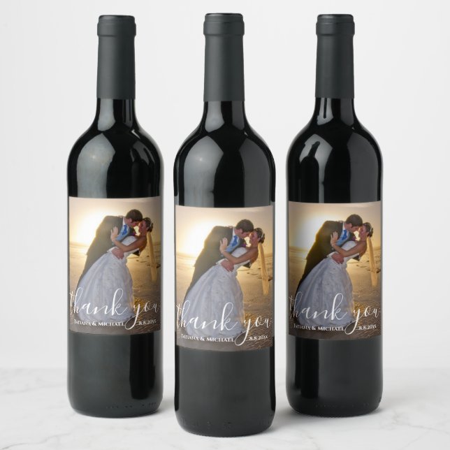 thank you,chic calligraphy  wedding photo wine label (Bottles)