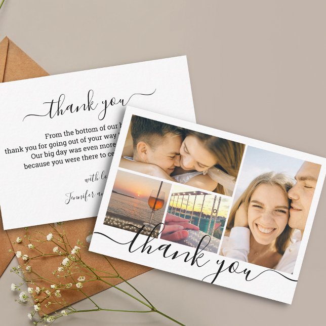 thank you chic handwriting 4 photo collage wedding card (Creator Uploaded)