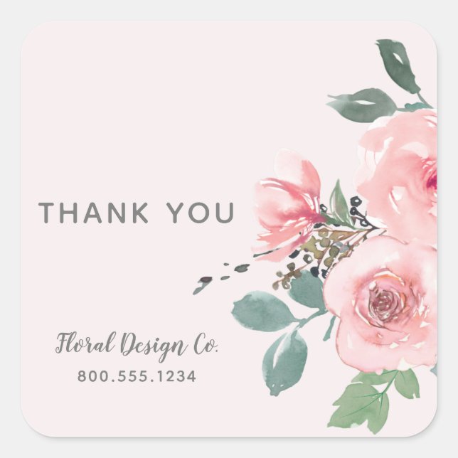 Thank You | Chic Pink Floral Corporate Business Square Sticker (Front)