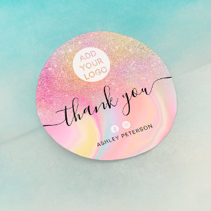 Thank you chic pink glitter marble chic media logo classic round sticker