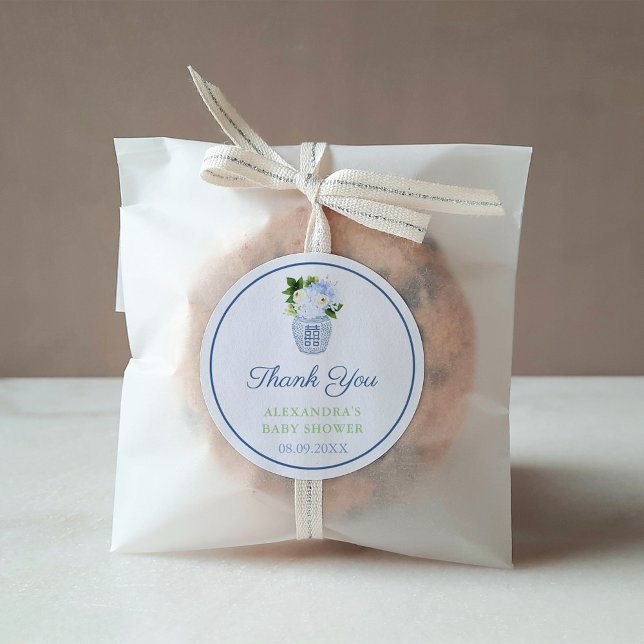 Thank You Chinoiserie Chic Blue Green Floral Favou Classic Round Sticker (Chinoiserie Chic Navy Blue Chartreuse Green Baby Shower Favor or Bridal Shower Thank you sticker)