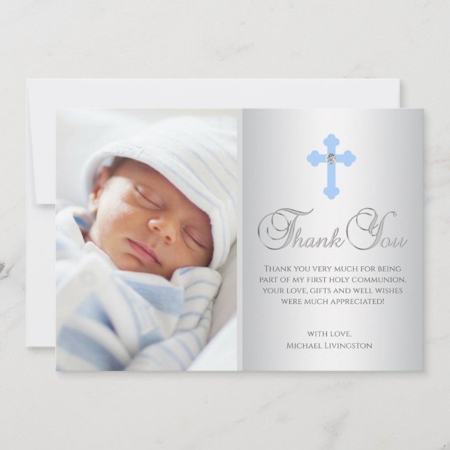 THANK YOU Christening Communion Cross Blue BOY Card (Front)