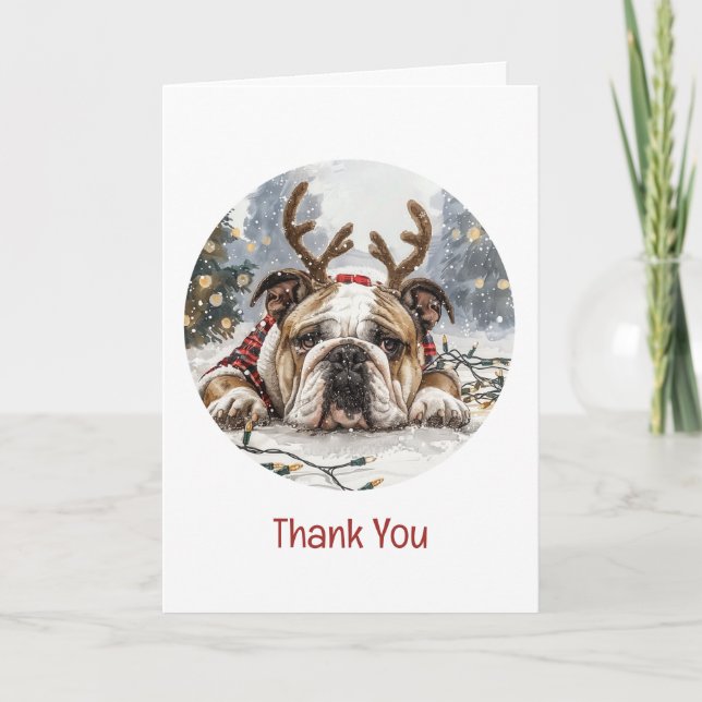 Thank You Christmas English Bulldog Reindeer Card (Front)