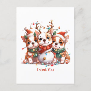 Thank You Christmas English Bulldog Reindeer Santa Postcard