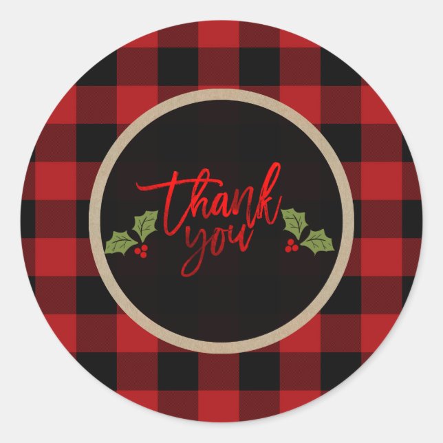Thank You Christmas Holiday Red Buffalo Plaid Classic Round Sticker (Front)