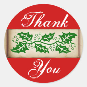 Thank You - Christmas Holly Classic Round Sticker