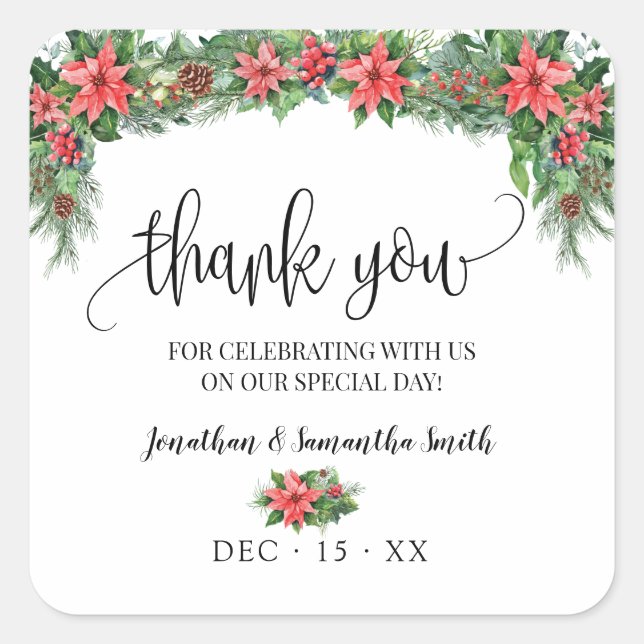 Thank you Christmas Wedding Bridal Shower Square Sticker (Front)