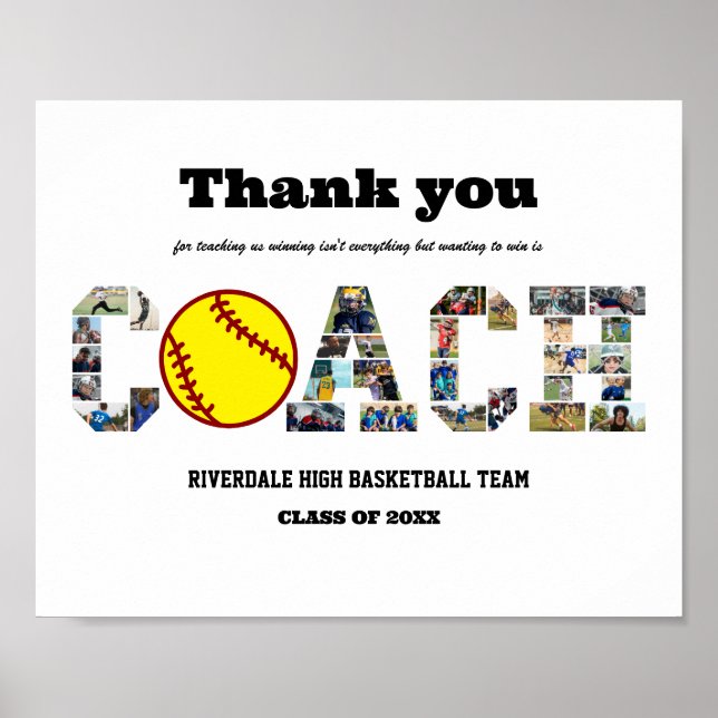 Thank You Coach Softball Team Photo Collage  Poster (Front)