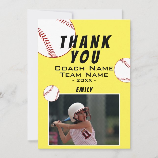 Thank you Coach Yellow Softball Photo Card (Front)
