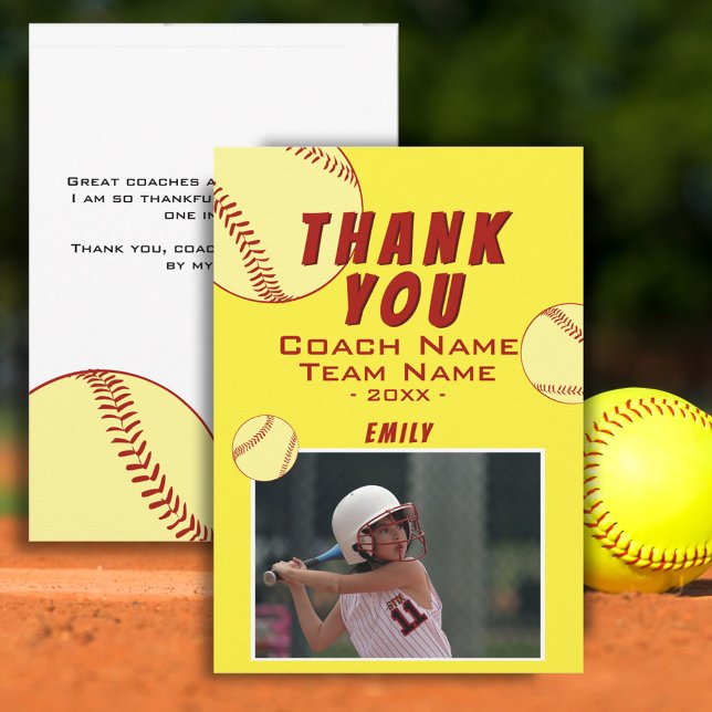 Thank you Coach Yellow Softball Photo Card (Creator Uploaded)