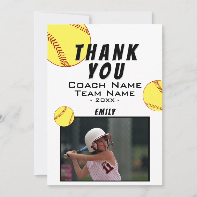 Thank you Coach Yellow Softball Photo Card (Front)