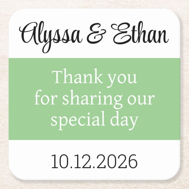 Thank you coaster wedding favour green minimalist (Front)