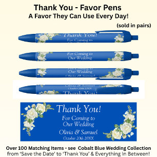 Thank You, Cobalt Blue White Roses Black Ink Pen