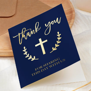 Thank you confirmation gold leaf navy blue foil greeting card