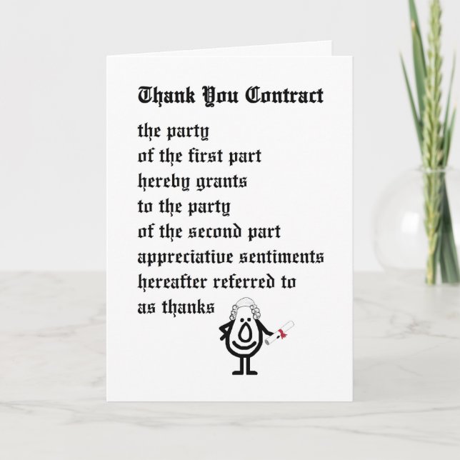 Thank You Contract - a funny legal thank you poem (Front)