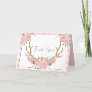 Thank You   Coral Gingham BOHO Floral Antlers