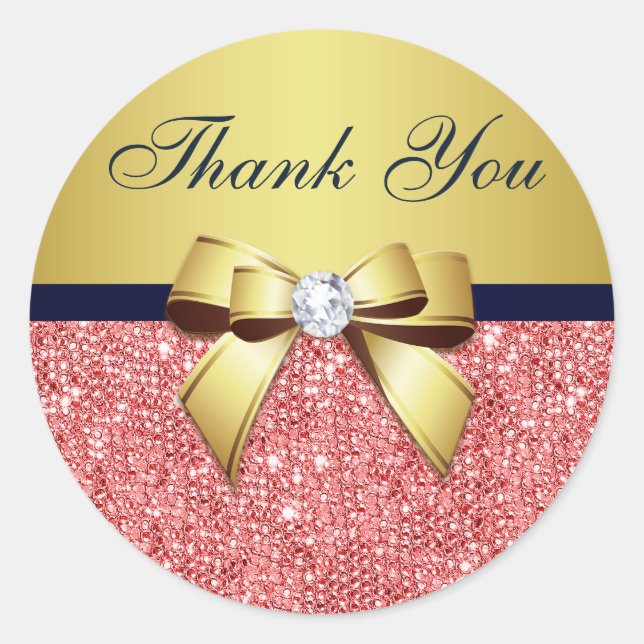 Thank You Coral Sequins Gold Navy Diamonds Bow Classic Round Sticker (Front)