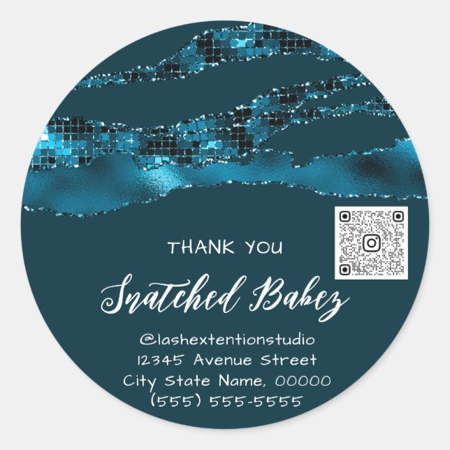 Thank You Cosmetic Logo QR Code Glitter Blue Teal Classic Round Sticker (Front)