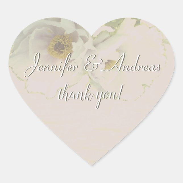 "Thank you!" Couple's Names Wedding Mauve Peony He Heart Sticker (Front)