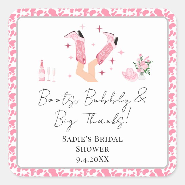 Thank You Cowboy Boots & Bubbly Bridal Shower  Square Sticker (Front)