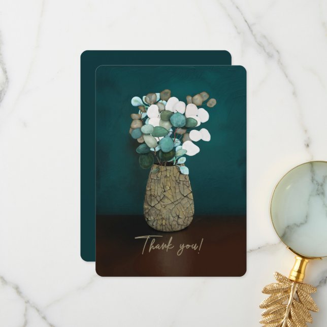 Thank You! Crackled Vase Silver Dollar Flowers You Card (Front/Back In Situ)