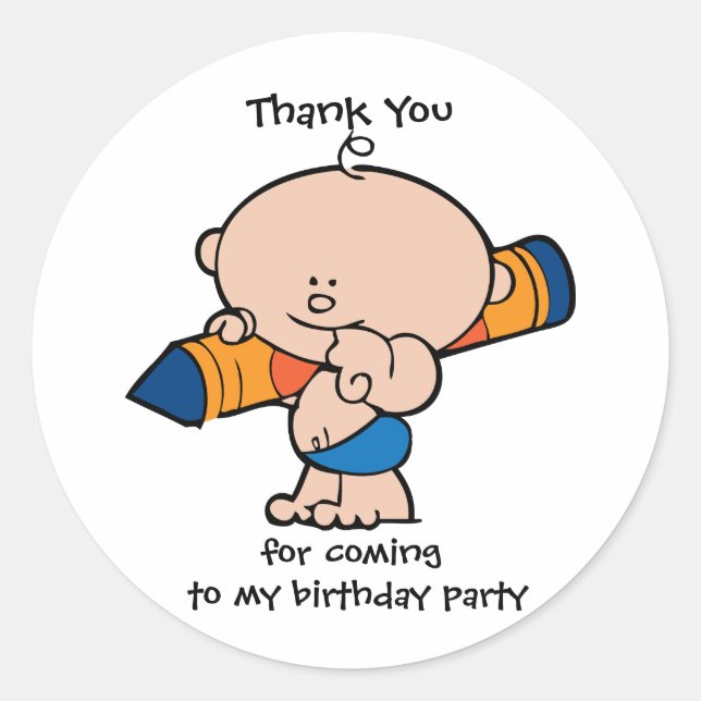 Thank You Crayon Boy Birthday Party Tag Sticker (Front)