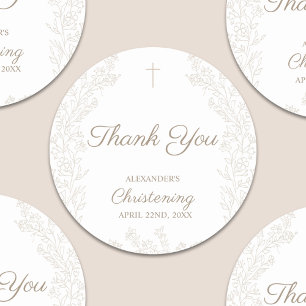 Thank You Cross Flowers Christening Baptism Classic Round Sticker